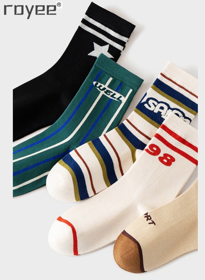 Royee 5 Pairs of Men's Mid Length Cotton Socks, Vintage Maillard Sports Stockings, Suitable for All Seasons  - Image 3