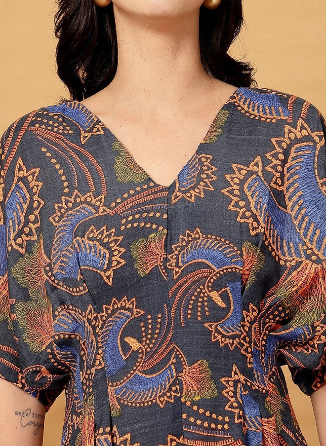 PlusS فستان ميدي مزخرف بالأزهار باللون الأزرق البحري للنساء - Image 2