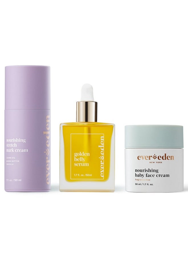 Evereden Evereden Mama & Baby Discovery Set - Dermatologist-Developed Clean & Vegan Maternity Skin Care Bundle - Stretch Mark Cream, Belly Serum, & Nourishing Baby Face Cream - Postpartum Gifts for New Mom  - Image 1