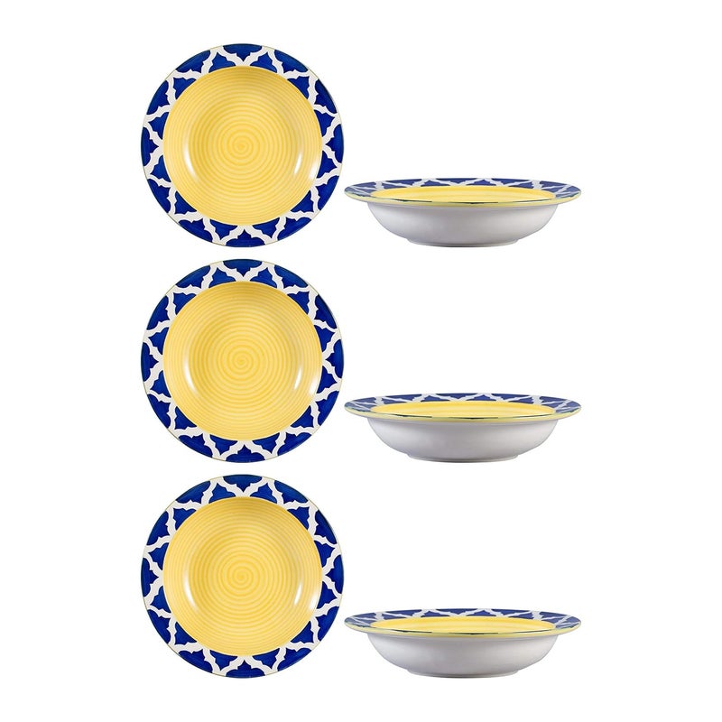 Caffeine Caffeine Ceramic Handmade Stoneware Yellow & Umrao Print Soup Plates/Pasta Plate/Maggi Plate/Macaroni Plate 9 inch (Set of 6 Dishwasher & Microwave Safe) - Image 1