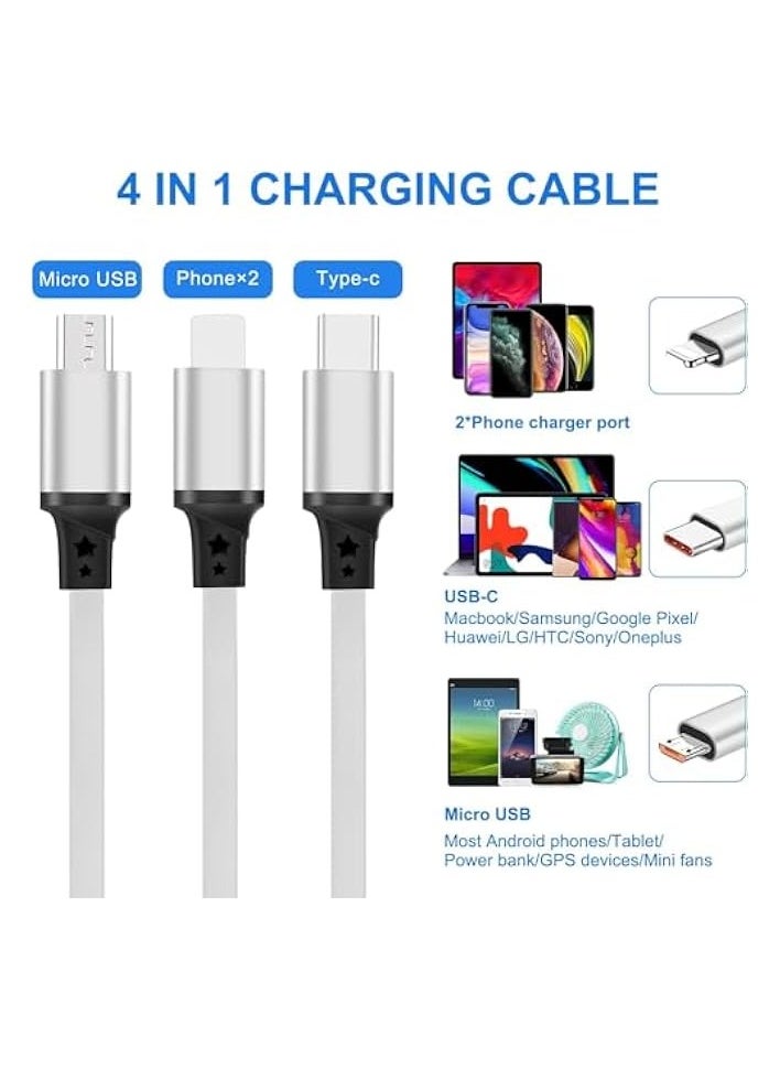 2Pack 4 in 1 Multi USB Retractable Charger Cable,Multiple Charging Cord Adapter with Dual Phone/USB-C/Micro-USB Port Adapter, Fast Charging with Cell Phones Tablets Universal Use (White)