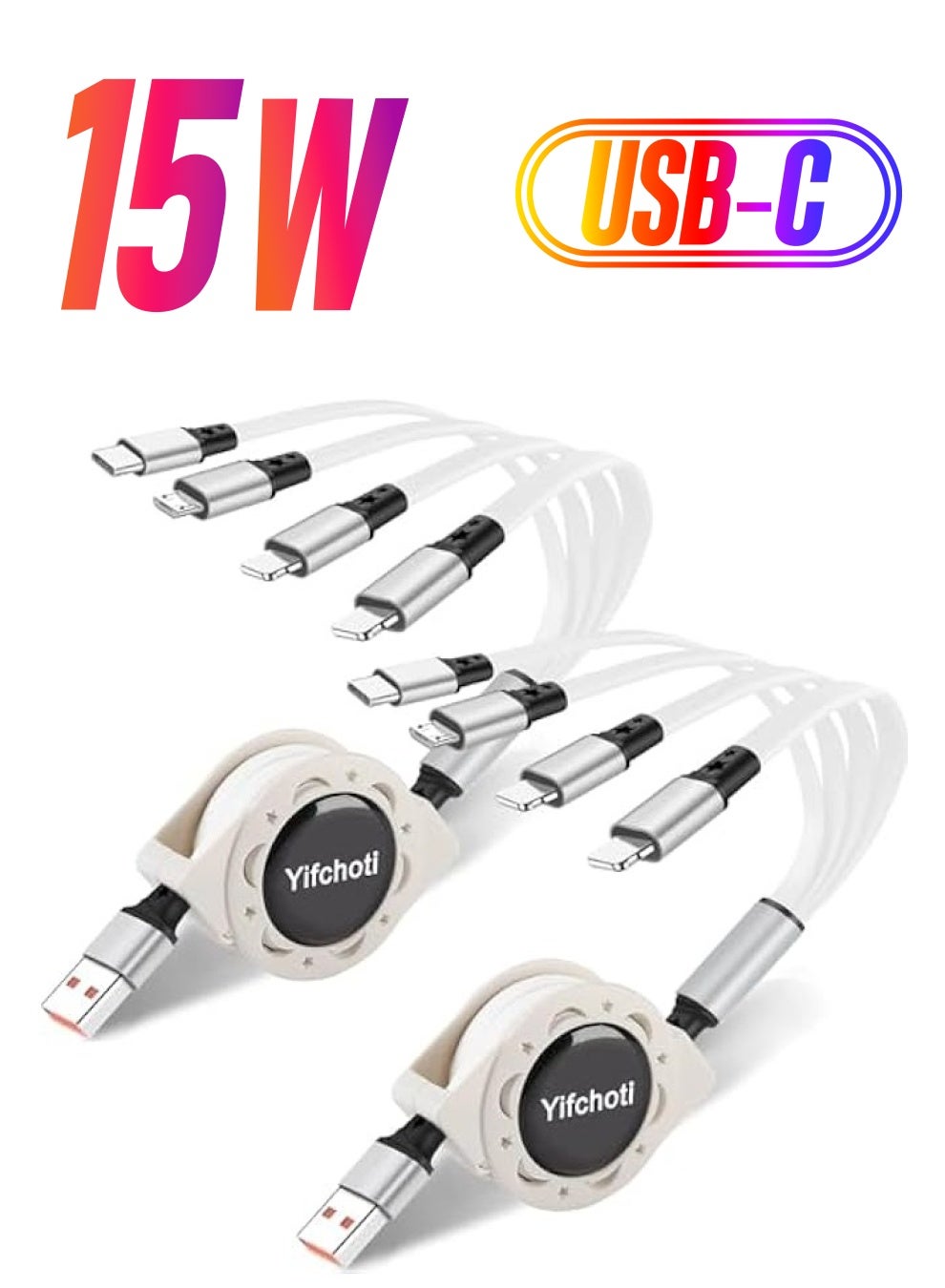 2Pack 4 in 1 Multi USB Retractable Charger Cable,Multiple Charging Cord Adapter with Dual Phone/USB-C/Micro-USB Port Adapter, Fast Charging with Cell Phones Tablets Universal Use (White)