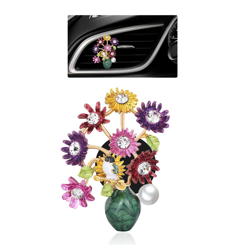 ORIESSE Flower Car Decor,Cute Dasiy Bird Vase Car Air Freshener Vent Clip,Bling Alloy Colorful DashBoard Vent Decorations Aesthetics for Women,Refillable Aroma Diffuser - Image 1