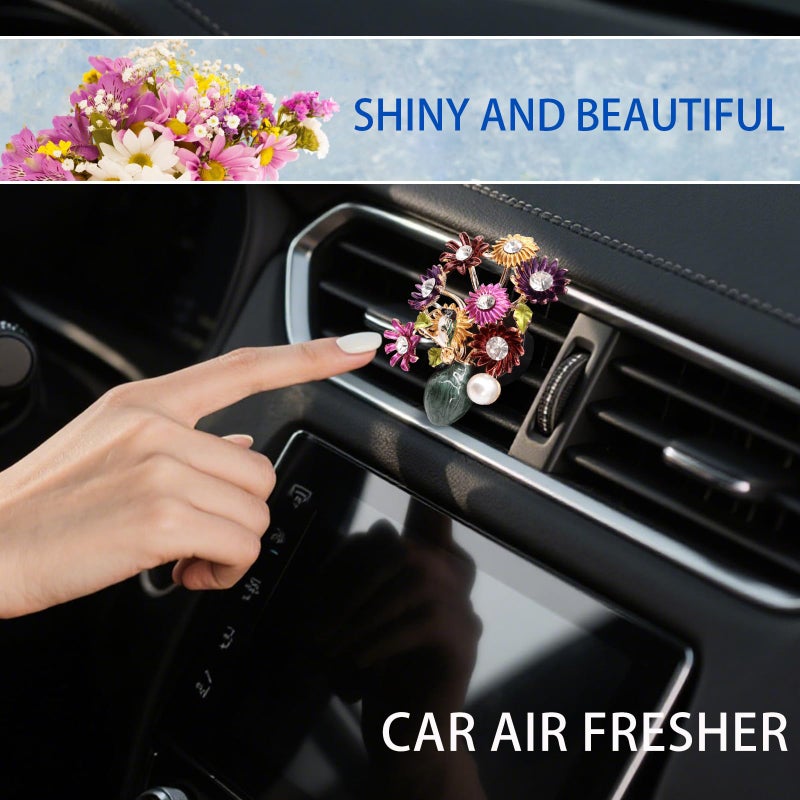 ORIESSE Flower Car Decor,Cute Dasiy Bird Vase Car Air Freshener Vent Clip,Bling Alloy Colorful DashBoard Vent Decorations Aesthetics for Women,Refillable Aroma Diffuser - Image 3
