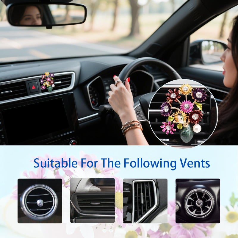 ORIESSE Flower Car Decor,Cute Dasiy Bird Vase Car Air Freshener Vent Clip,Bling Alloy Colorful DashBoard Vent Decorations Aesthetics for Women,Refillable Aroma Diffuser - Image 5