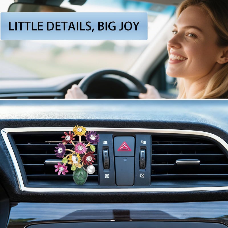 ORIESSE Flower Car Decor,Cute Dasiy Bird Vase Car Air Freshener Vent Clip,Bling Alloy Colorful DashBoard Vent Decorations Aesthetics for Women,Refillable Aroma Diffuser - Image 2