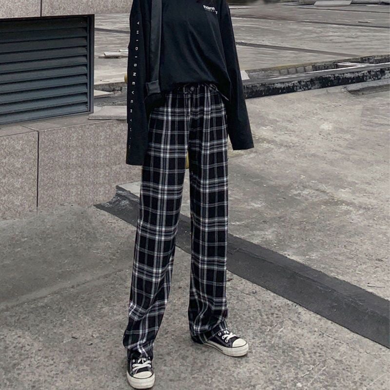 Spring Summer Autumn Plaid Casual Pants High Waist Pants Hong Kong Style Pants Wide Leg Pants Womens Loose Straight Cross-border Blue Plaid-Thin - Image 5