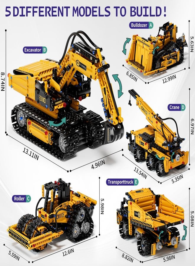 DOLIVE 5 in 1 STEM Building Block Set for Kids Ages 8-14, Remote Control and App Controlled Excavator/Crane/Truck/Bulldozer/Roller, Birthday Gift for 8 9 10 11 12+ Years Old - Image 5