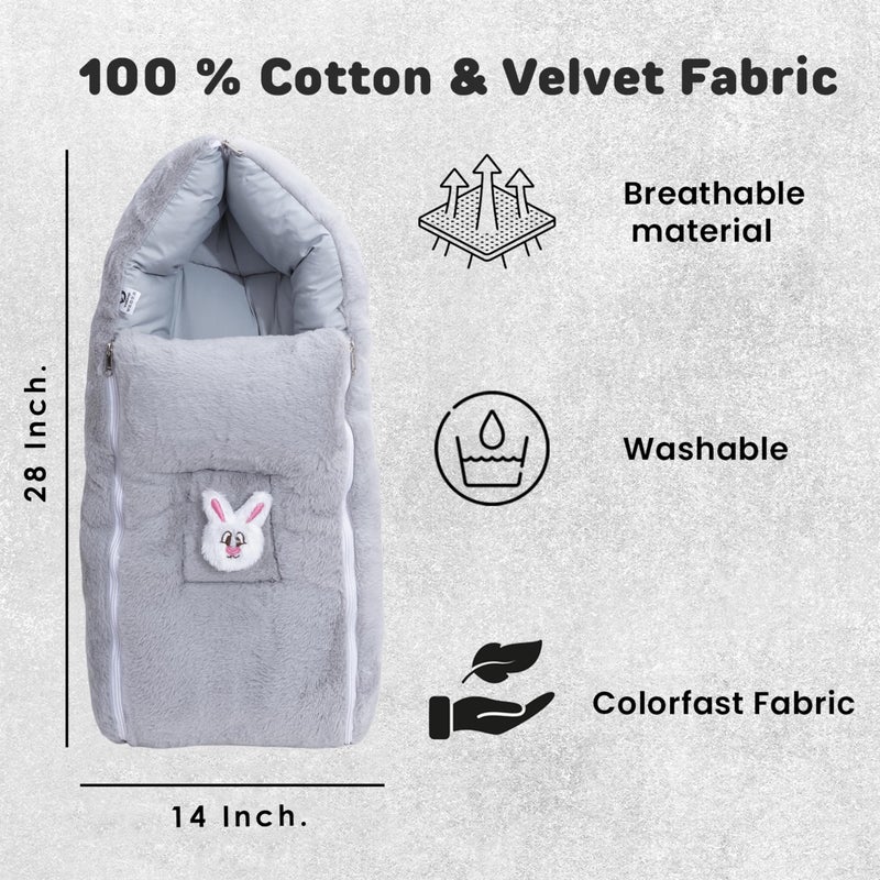 VoiDrop Baby Carry Bed Cum Sleeping Bag 2 in 1 for New Born Babies (0-12 Months) Baby Fur Material Portable Travelling Bed for Infants (Velvet-Grey) - Image 2