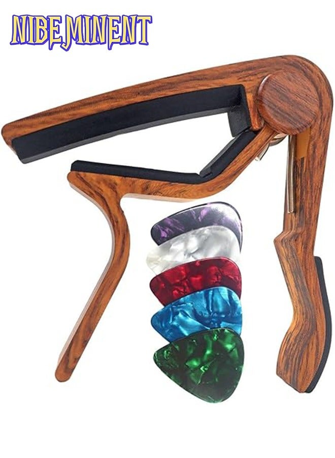 NIBEMINENT Guitar Capo for Acoustic and Electric Guitars - Rosewood Color with 5 Picks  - Image 1