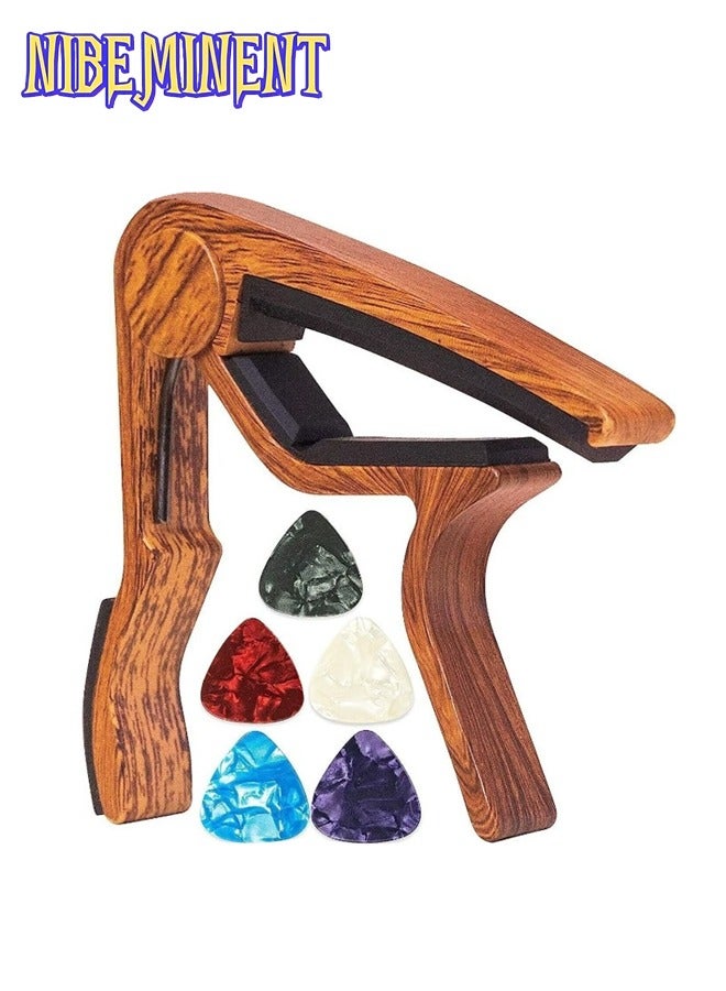 NIBEMINENT Guitar Capo for Acoustic and Electric Guitars - Rosewood Color with 5 Picks  - Image 2