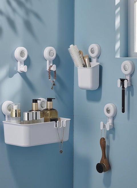 Shower Caddy Suction Cup Set，Including & Shower Organizer & Toothbrush Holder & Single Hook*2 & Double Hook*2(6-Piece Set)，1 Sec Installation No-Drill Removable Powerful Waterproof Organizer，Bathroom Shelf Basket , Storage Waterproof Bathroom Caddy, White
