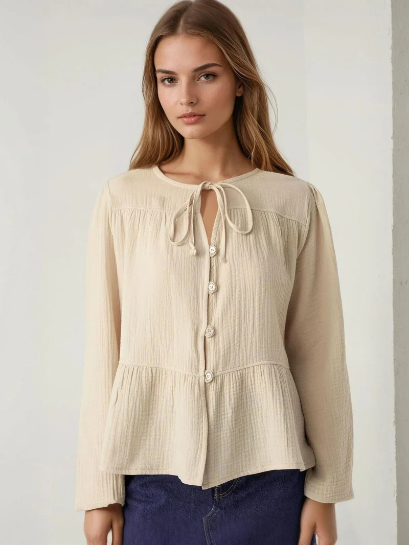 HICCUP Crew Neck Long Sleeve Woven Muslin Blouse