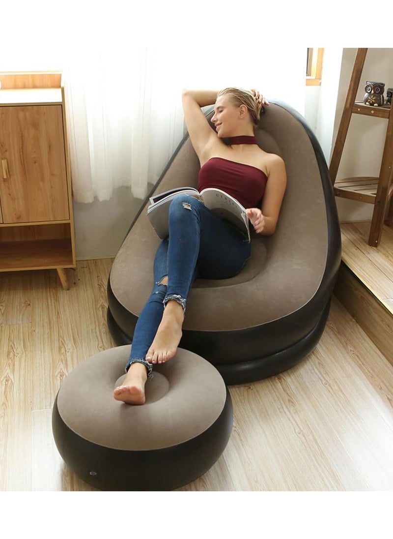 جاجيك Thickened flocking inflatable sofa, lazy sofa bed footstool set, outdoor foldable air cushion recliner, PVC material, maximum load 100 kg Brown - Image 3