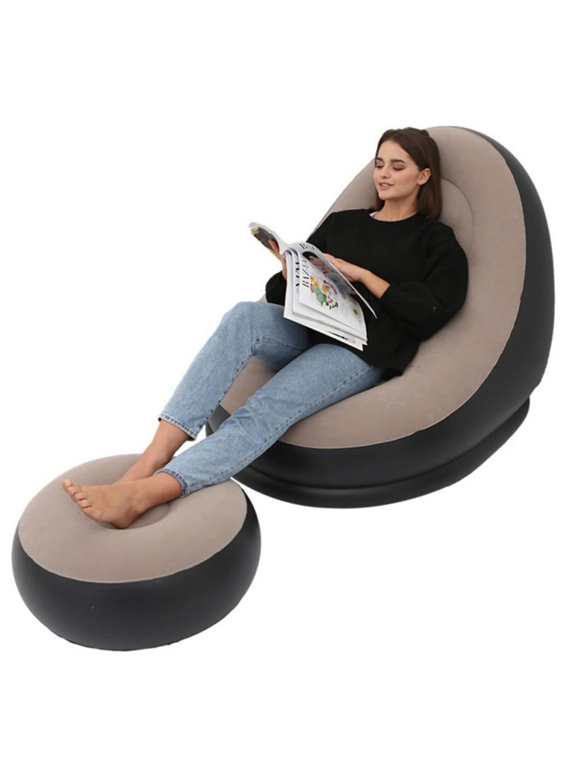 جاجيك Thickened flocking inflatable sofa, lazy sofa bed footstool set, outdoor foldable air cushion recliner, PVC material, maximum load 100 kg Brown - Image 1