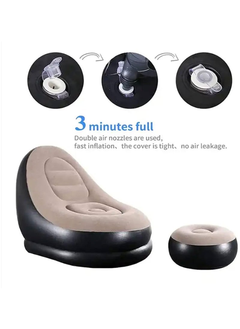 جاجيك Thickened flocking inflatable sofa, lazy sofa bed footstool set, outdoor foldable air cushion recliner, PVC material, maximum load 100 kg Brown - Image 4