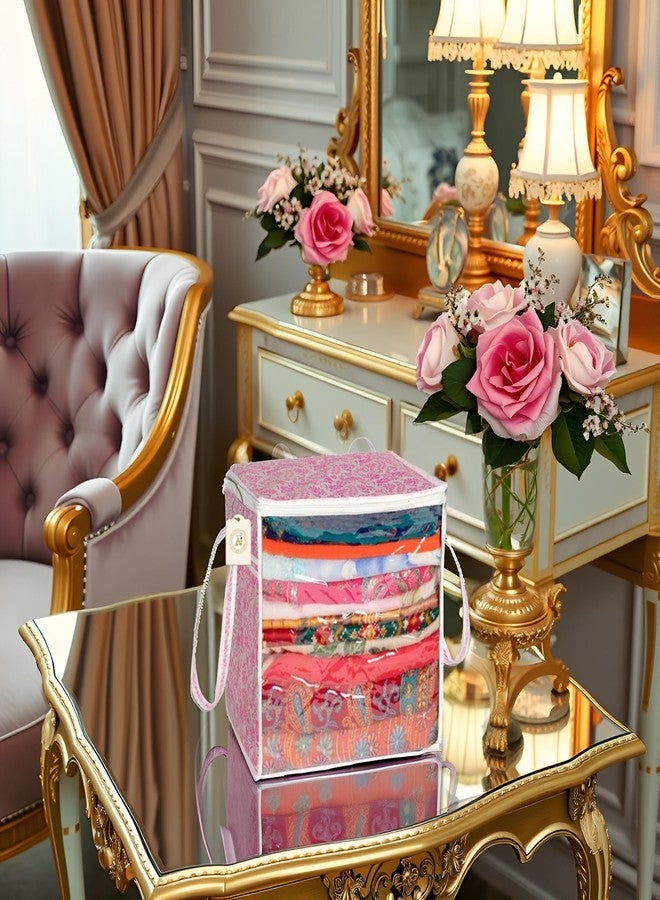 SHAPING FABRIC حقيبة تخزين الساري المصنوعة من قماش زهري اللون، بواجهة شفافة وإغلاق بسحاب - عبوة من قطعة واحدة SNP-468 - Image 1