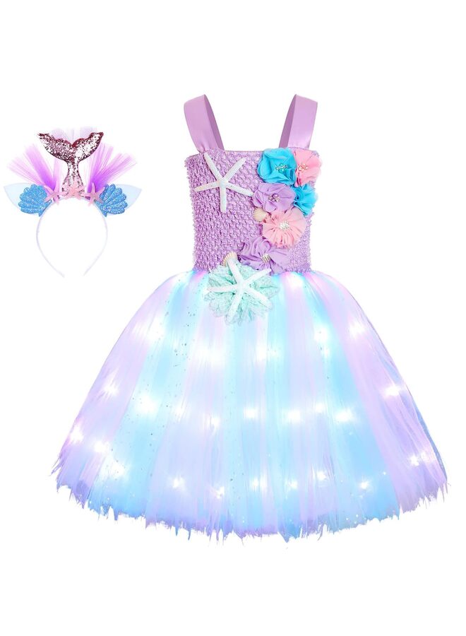 Tutu Dress, Girls Color Led Light Mermaid Costume Slim Dance Leotards Toddler Birthday Outfit Up for Halloween Birthday Party Light purple 3-4 Years(With Mermaid headband) - Image 3