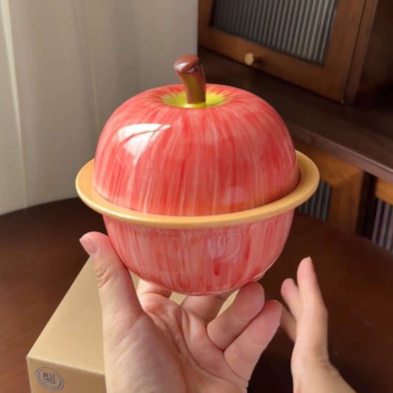 Apple Ceramic Stew Bowl with Lid for Egg Custard, Dessert, Yogurt - Birthday Gift - Image 3