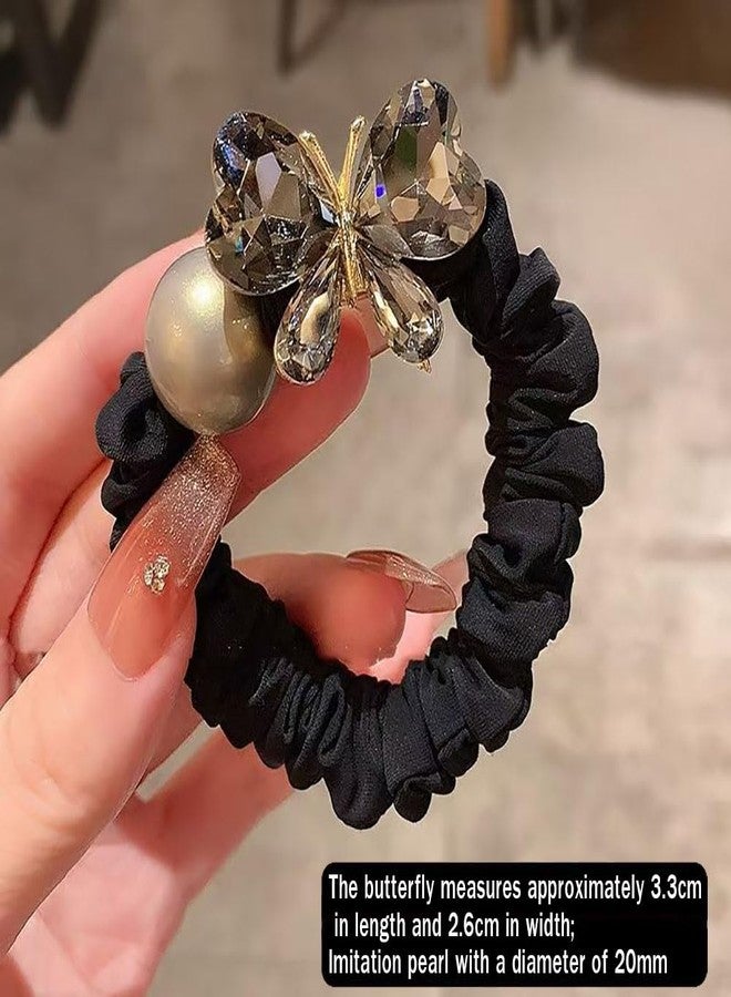 nanaxagly Crystal Butterfly & Pearl Hair Tie Set - Luxury Rhinestone Scrunchies with Gold-Tone Alloy, Black Velvet Hair Bands for Women & Girls (Elegant Ponytail/Bun Accessories) - Image 2