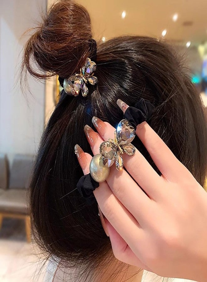 nanaxagly Crystal Butterfly & Pearl Hair Tie Set - Luxury Rhinestone Scrunchies with Gold-Tone Alloy, Black Velvet Hair Bands for Women & Girls (Elegant Ponytail/Bun Accessories) - Image 3