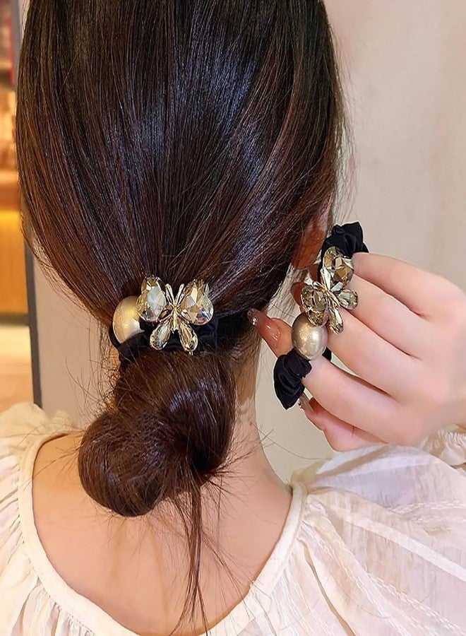 nanaxagly Crystal Butterfly & Pearl Hair Tie Set - Luxury Rhinestone Scrunchies with Gold-Tone Alloy, Black Velvet Hair Bands for Women & Girls (Elegant Ponytail/Bun Accessories) - Image 4