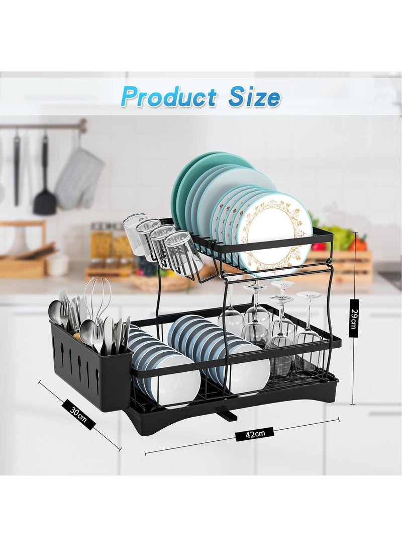 MileMelo 2 Tier Foldable Dish Drying Rack with Utensil Holder & Cutting Board Holder & Drainboard Tray, Rotatable Drainage System Scratch Resistant Frosted Baking Process Coatings, Large Black  - Image 2