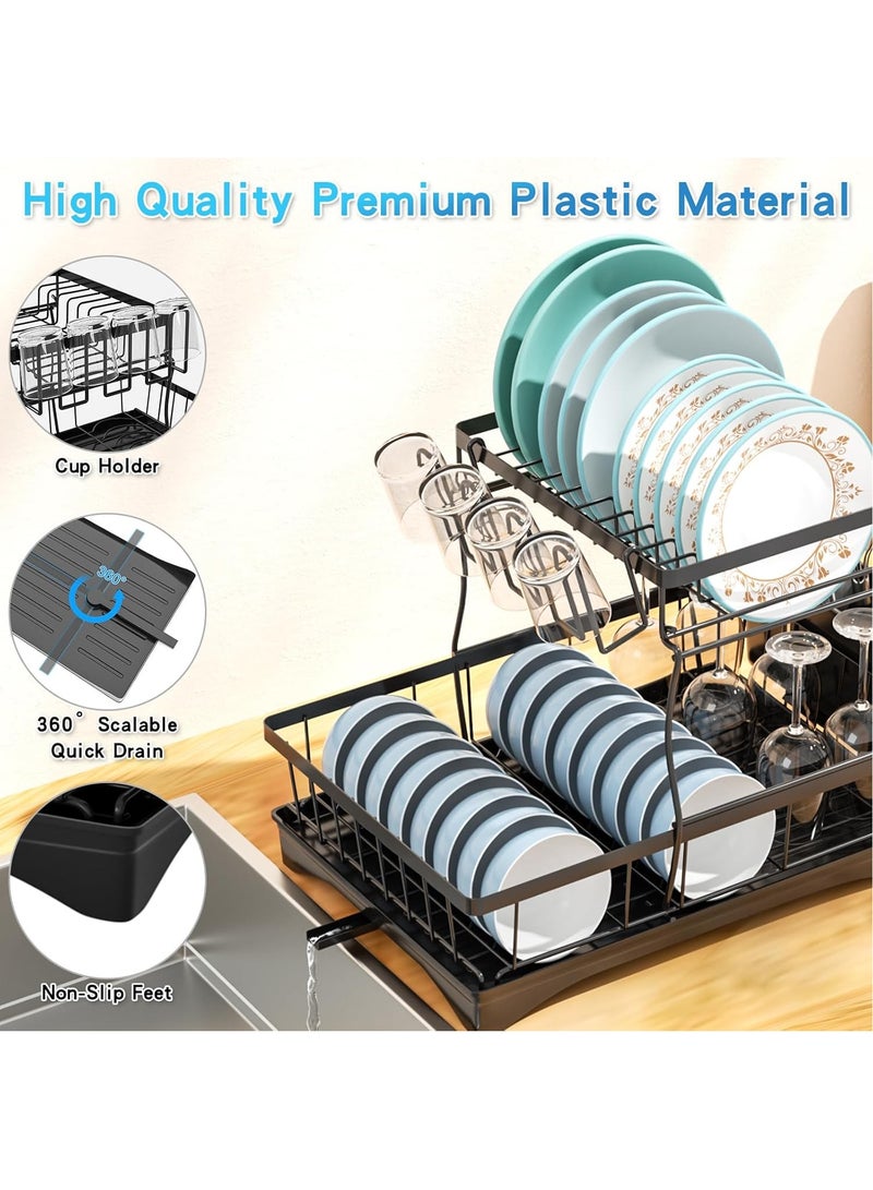 MileMelo 2 Tier Foldable Dish Drying Rack with Utensil Holder & Cutting Board Holder & Drainboard Tray, Rotatable Drainage System Scratch Resistant Frosted Baking Process Coatings, Large Black  - Image 3