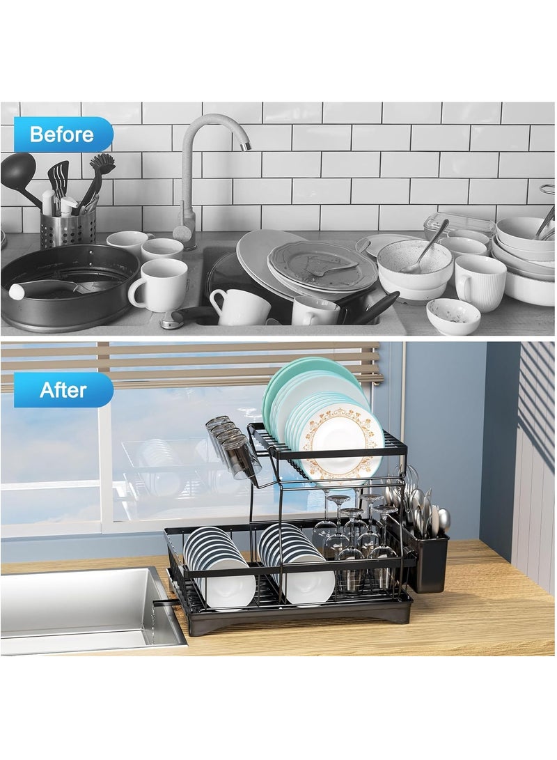 MileMelo 2 Tier Foldable Dish Drying Rack with Utensil Holder & Cutting Board Holder & Drainboard Tray, Rotatable Drainage System Scratch Resistant Frosted Baking Process Coatings, Large Black  - Image 4