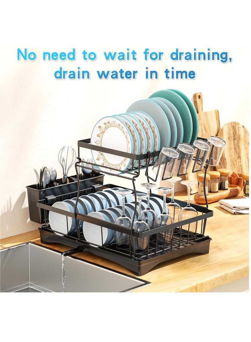 MileMelo 2 Tier Foldable Dish Drying Rack with Utensil Holder & Cutting Board Holder & Drainboard Tray, Rotatable Drainage System Scratch Resistant Frosted Baking Process Coatings, Large Black  - Image 5