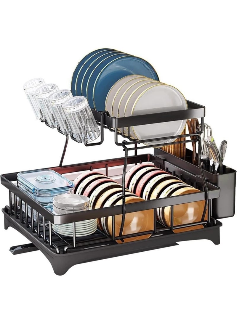 MileMelo 2 Tier Foldable Dish Drying Rack with Utensil Holder & Cutting Board Holder & Drainboard Tray, Rotatable Drainage System Scratch Resistant Frosted Baking Process Coatings, Large Black  - Image 1