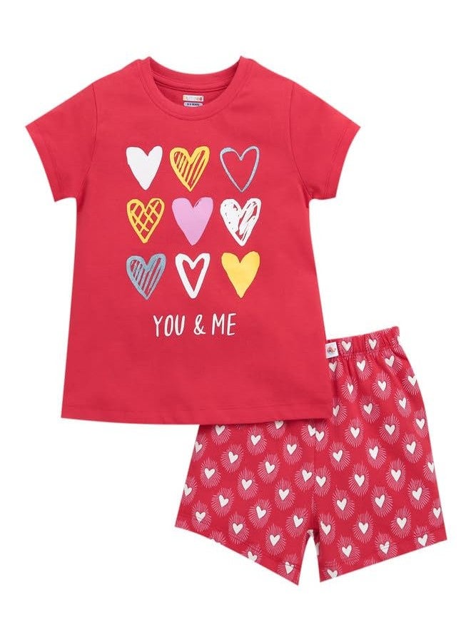 BUMZEE طقم تيشيرت وشورت قطني بأكمام نصفية للبنات من بامزي، لون أحمر - مقاس 12-18 شهرًا (Peb10468D-red) - Image 1