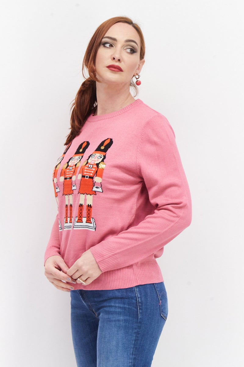 Threadbare Women Round Neck Textured Sweater, Pink Combo - Image 3