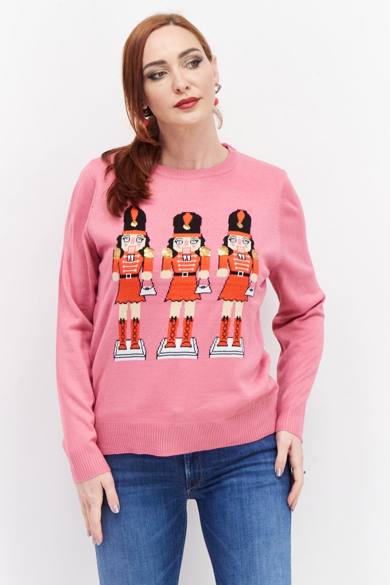 Threadbare Women Round Neck Textured Sweater, Pink Combo - Image 1
