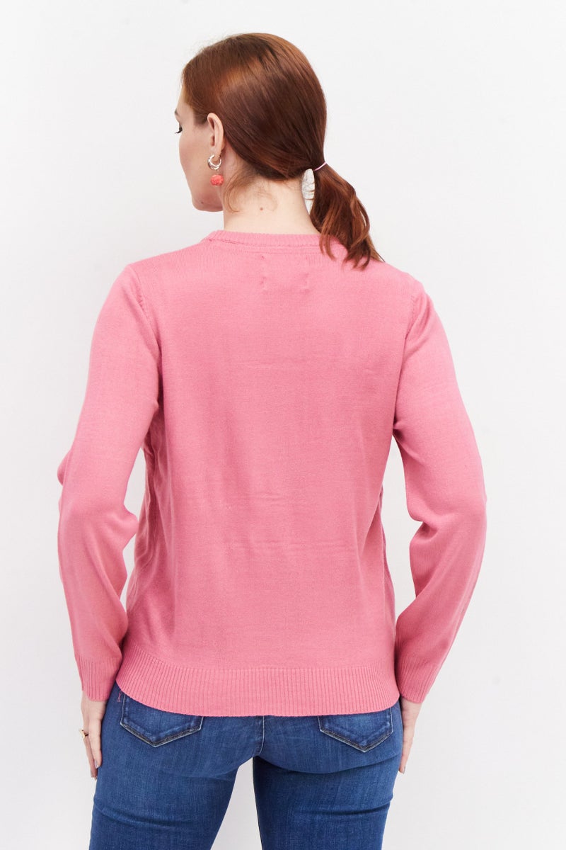 Threadbare Women Round Neck Textured Sweater, Pink Combo - Image 4