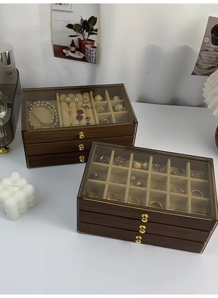 هاي هيلوك صندوق تخزين من خشب الجوز مكون من 3 طبقات مع 3 أدراج شفافة للخواتم والقلائد والأقراط المثقوبة والأساور والساعات والمجوهرات. حاويات أكريليك للخواتم والقلائد، تستخدم للتخزين المنزلي. - Image 1