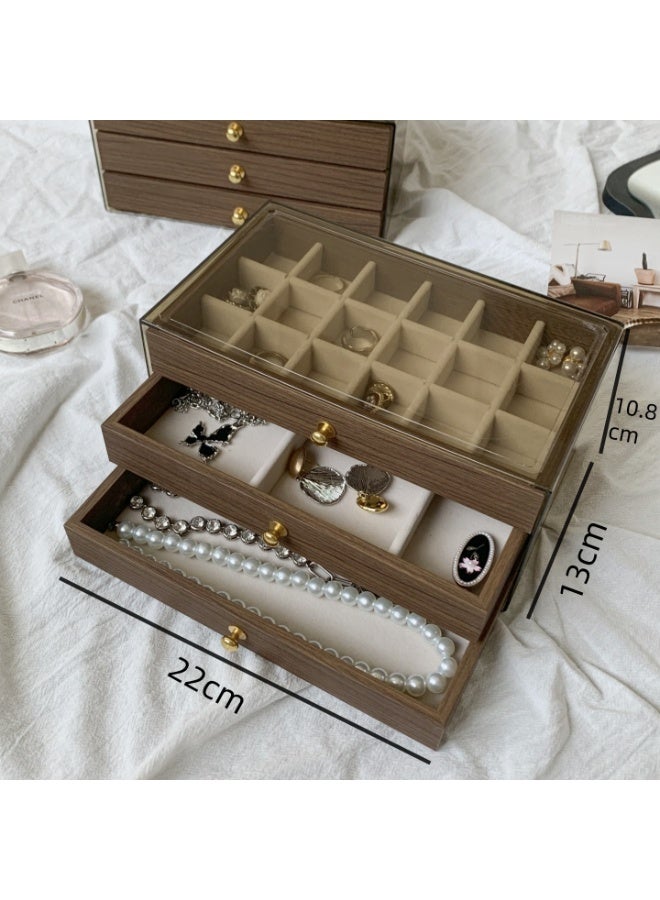 هاي هيلوك صندوق تخزين من خشب الجوز مكون من 3 طبقات مع 3 أدراج شفافة للخواتم والقلائد والأقراط المثقوبة والأساور والساعات والمجوهرات. حاويات أكريليك للخواتم والقلائد، تستخدم للتخزين المنزلي. - Image 3