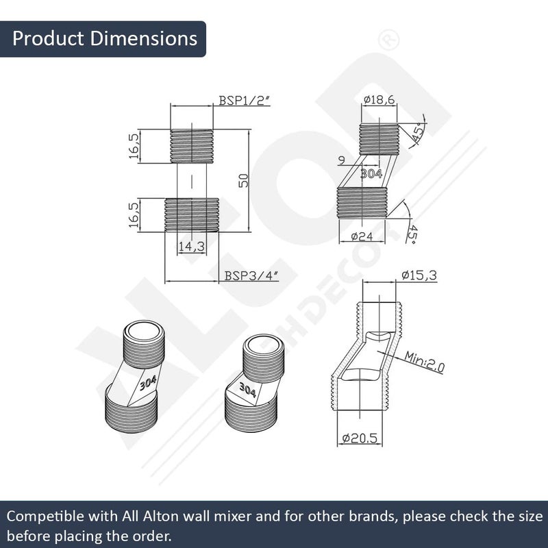 ALTON ALD441 SS304 Grade 2Piece Leg with Wahers for Wall Mixers Silver - Image 2