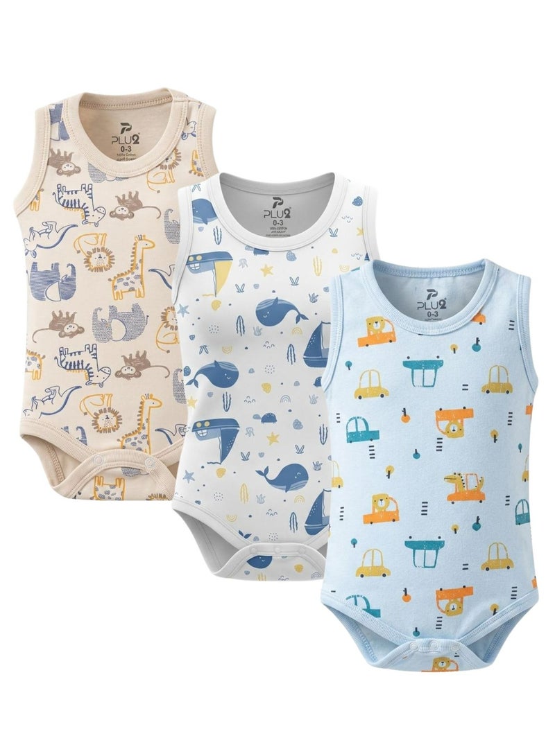 Pluto Pack of 3 Cotton 100% Sleeveless Printed Bodysuit for Baby Boy - Image 1