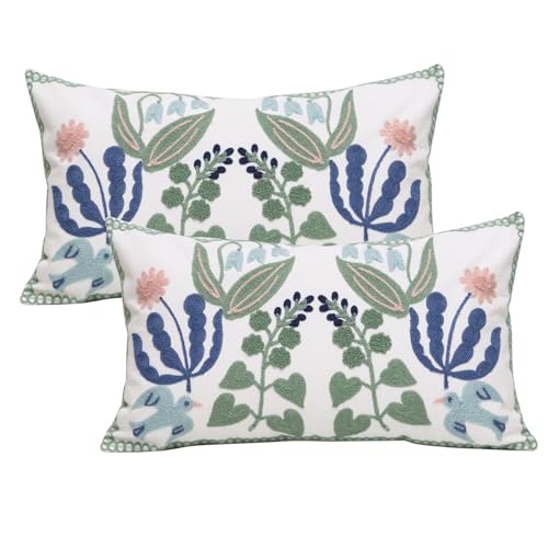 Pilmandu Pack of 2 Embroidered Decorative Throw Pillow Cover 18x18 Inch Farmhouse Floral Pillowcase for Living Room Sofa Bed Bird FlowerWaist - Image 1
