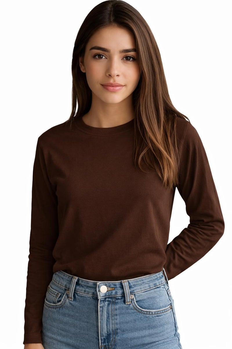 JUNEBERRY® Pure Cotton Round Neck Regular Fit Core Fashion Solid Full Sleeve T-Shirt for Women & Girls (JB_FS_REG_BRN_M) Brown - Image 2