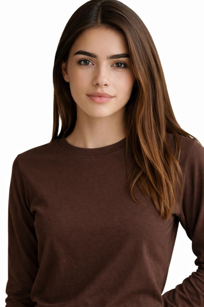 JUNEBERRY® Pure Cotton Round Neck Regular Fit Core Fashion Solid Full Sleeve T-Shirt for Women & Girls (JB_FS_REG_BRN_M) Brown - Image 3