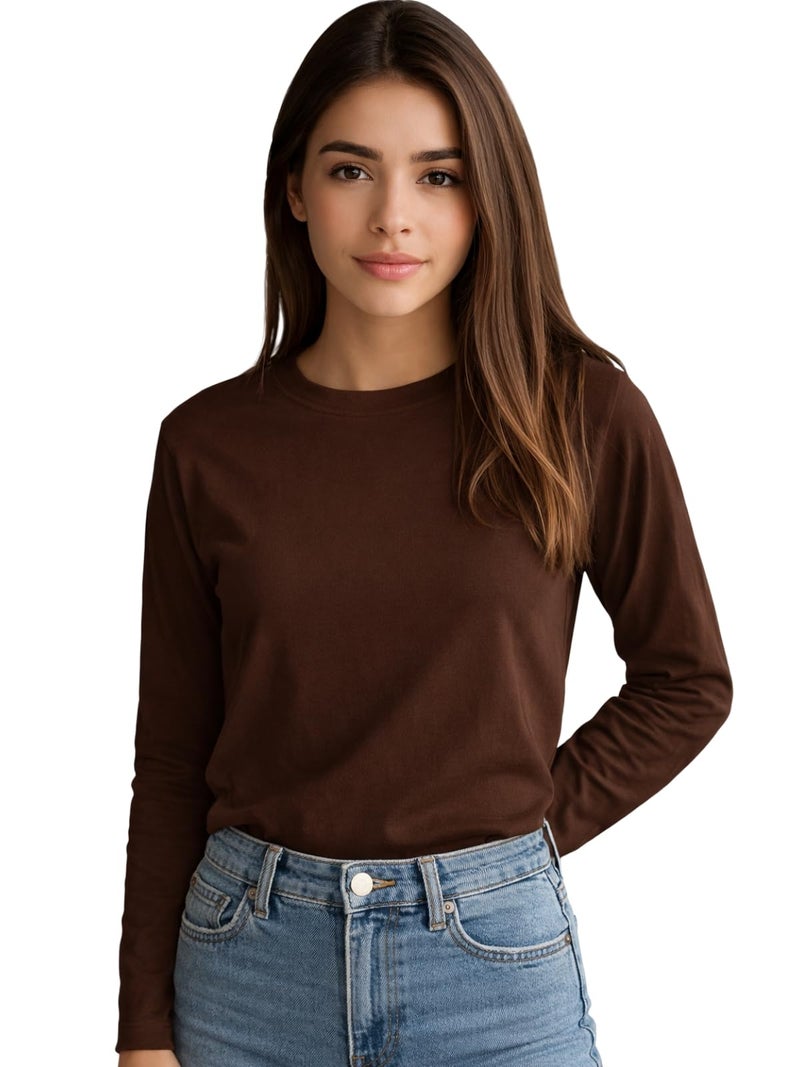 JUNEBERRY® Pure Cotton Round Neck Regular Fit Core Fashion Solid Full Sleeve T-Shirt for Women & Girls (JB_FS_REG_BRN_M) Brown - Image 1