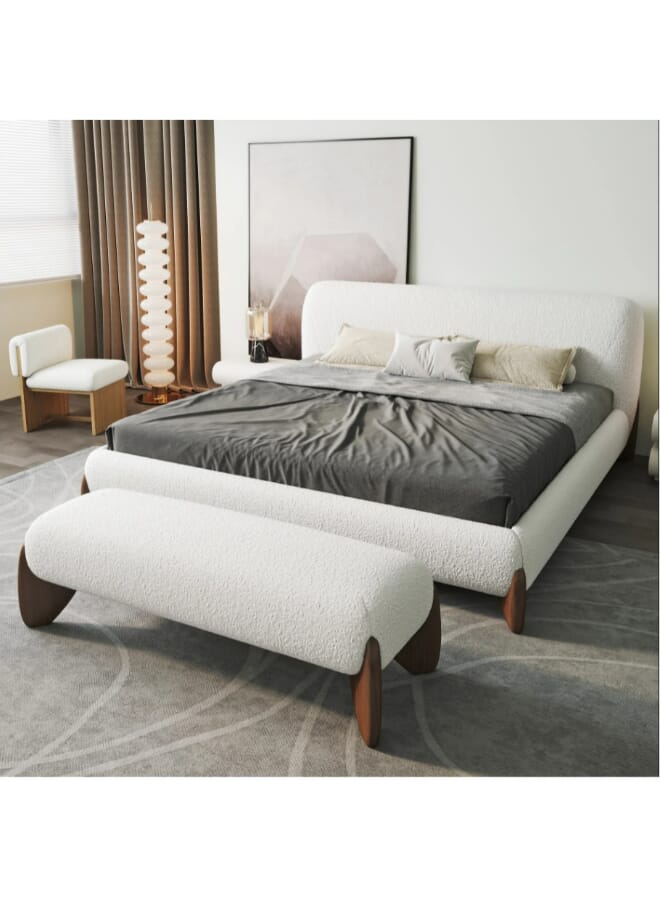 Curva White Boucle Platform King Size Bed & Bedroom Bench Set 140x200x110