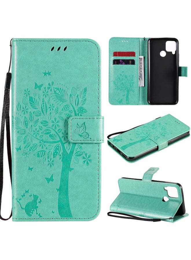 HuHa Case Cover For OPPO Realme C12 / C15 Tree & Cat Embossed Pattern Horizontal Flip Leather Case with Holder & Card Slots & Wallet & Lanyard(Green) - Image 1