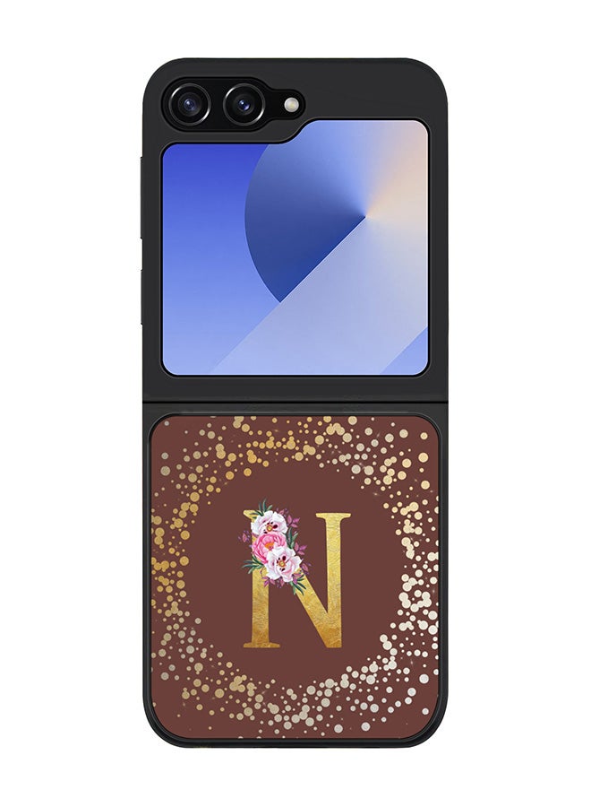 Stylizedd Rugged Black edge case for Samsung Galaxy Z Flip7 FE, Slim fit Case Flexible Cover - Custom Monogram Initial Letter Floral Pattern Alphabet - N (Brown ) - Image 1