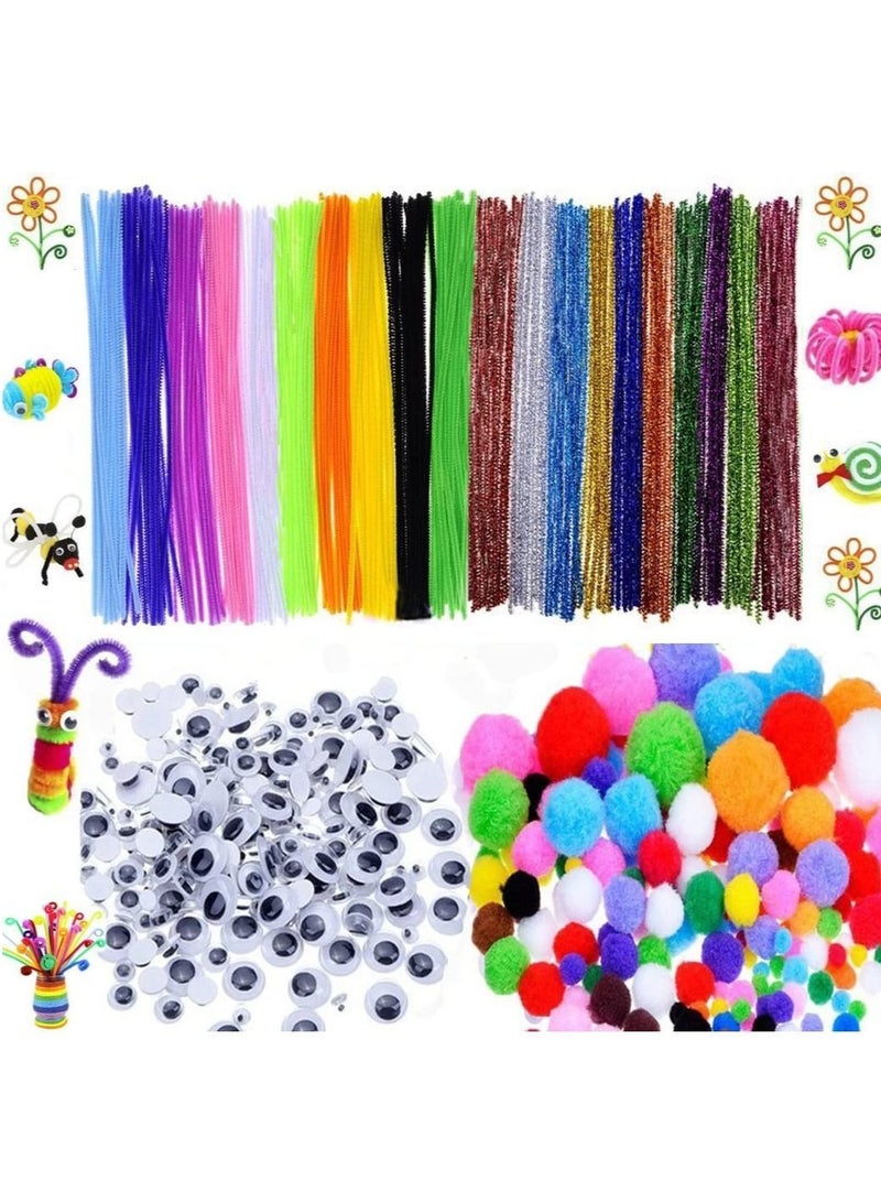 Y&D Pipe Cleaners, Craft Supplies Set, Cleaners Set Which Includes 200 Pcs Chenille Stems, 150 Self-Sticking Wiggle Googly Eyes and 250 Pompoms for Creative DIY School Art Projects (600 Pcs) - Image 1