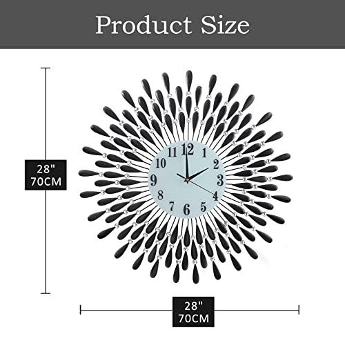 JUGV 28.0 INCH Wall Clock for Living Room Decor,Non-Ticking Quiet Metal Petals Dial Glass Big Wall Clocks Black for Bedrooms Kitchen and Small Space Decoration - Image 4