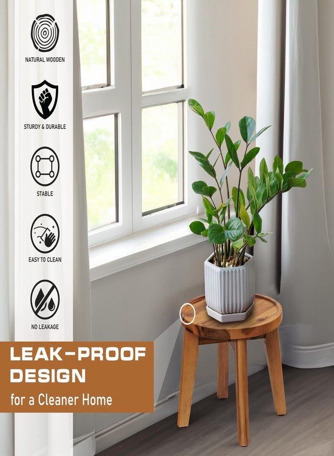 Demigo Indoor Plant Stand, Acacia Wooden Decorative Plant Shelf with Spill-Proof Tray, Stable 8” Tall Flower Holder for Heavy Pots, Gardening Display for Decor Living Room Patio - Natural Brown - Image 3