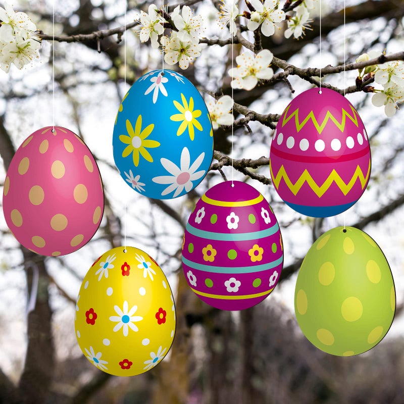 Threan 6 Pieces Easter Egg Outdoor Decoration 79 Inch Wooden Egg Hanging Ornaments Double Sided Large Colorful Easter Yard Signs for Tree Porch Yard Party Decor - Image 2